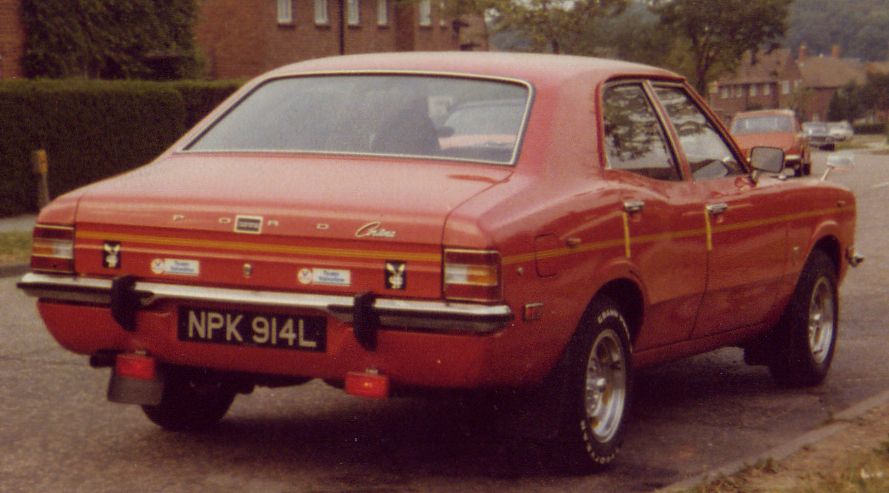 Rear three-quarter view of red Ford Cortina Mk 3 belonging to Steve Palmer