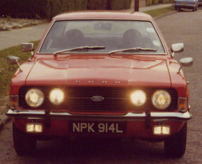 Front view of red Ford Cortina Mk 3 belonging to Steve Palmer